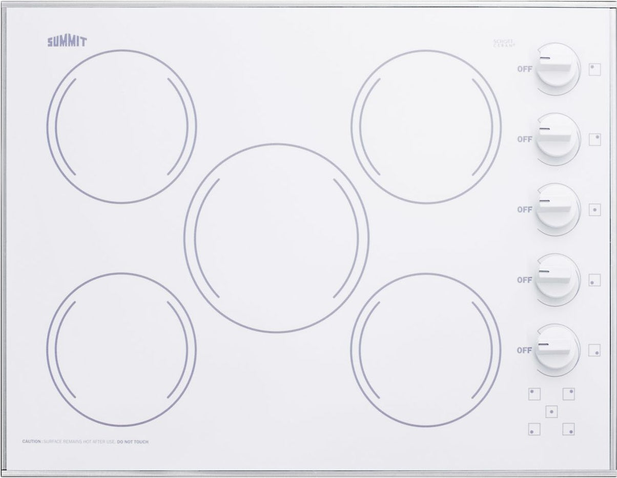 White smooth-top 5-burner electric radiant cooktop with front-facing control knobs for kitchen appliances collection