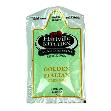 Single-use packet of Hartville Kitchen Golden Italian salad dressing with easy-pour spout for convenient serving