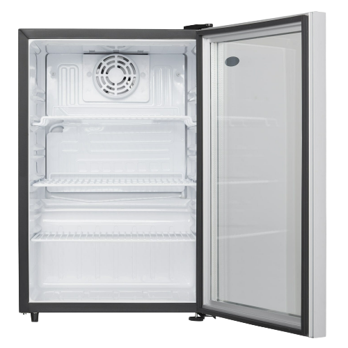 Compact commercial rated refrigerator with glass door and adjustable wire shelves in white interior from mini refrigerators collection
