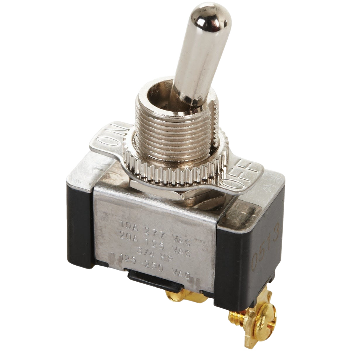 Metal heavy-duty toggle switch with a threaded mounting collar and brass screw terminals for home improvement use
