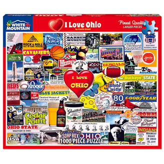 Colorful 1000-piece puzzle featuring Ohio landmarks, logos, and symbols with a red heart design saying I Love Ohio