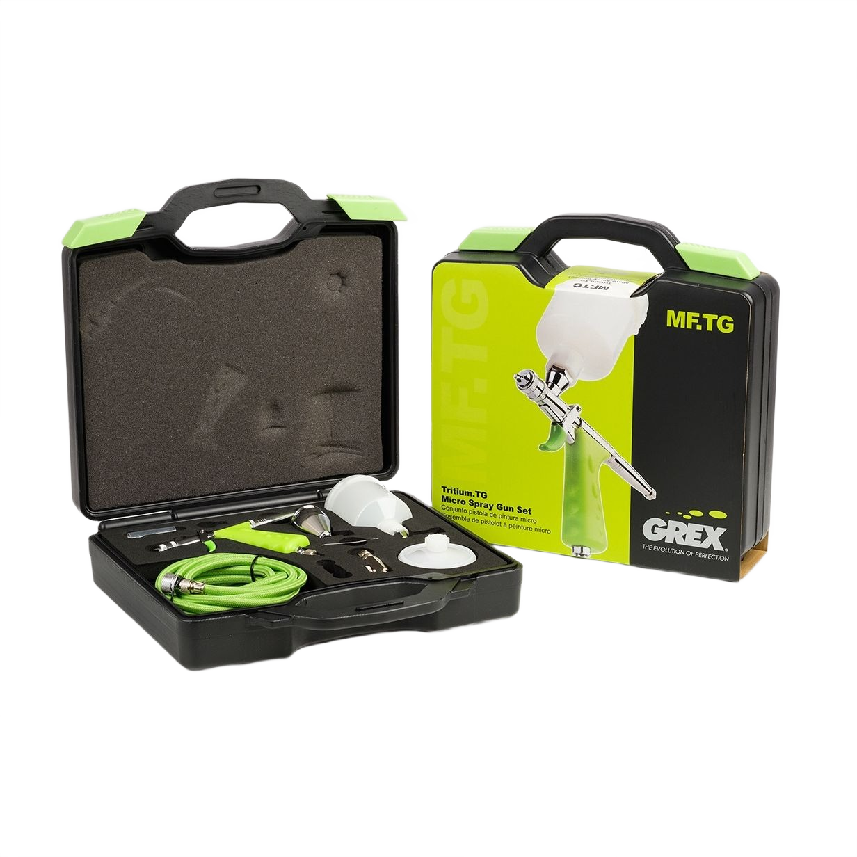 Compact green and black paint sprayer kit with hose and spray gun in hard carrying case for home improvement tools