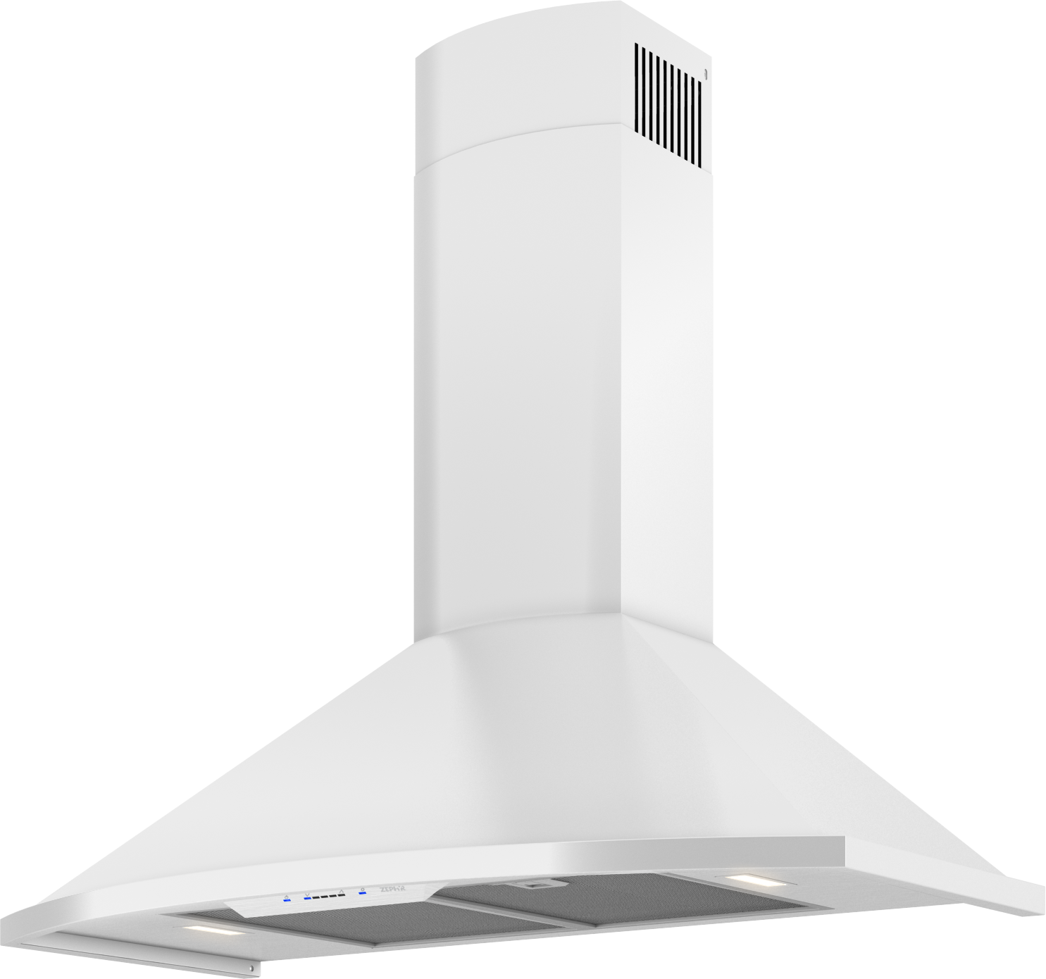 White powder-coated chimney hood with LED lights and sleek semi-circular design from Over the Range Hoods collection