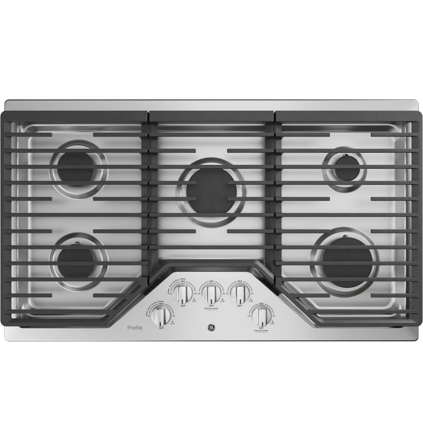 Top view of stainless steel built-in gas cooktop with five burners and front control knobs from kitchen appliances collection