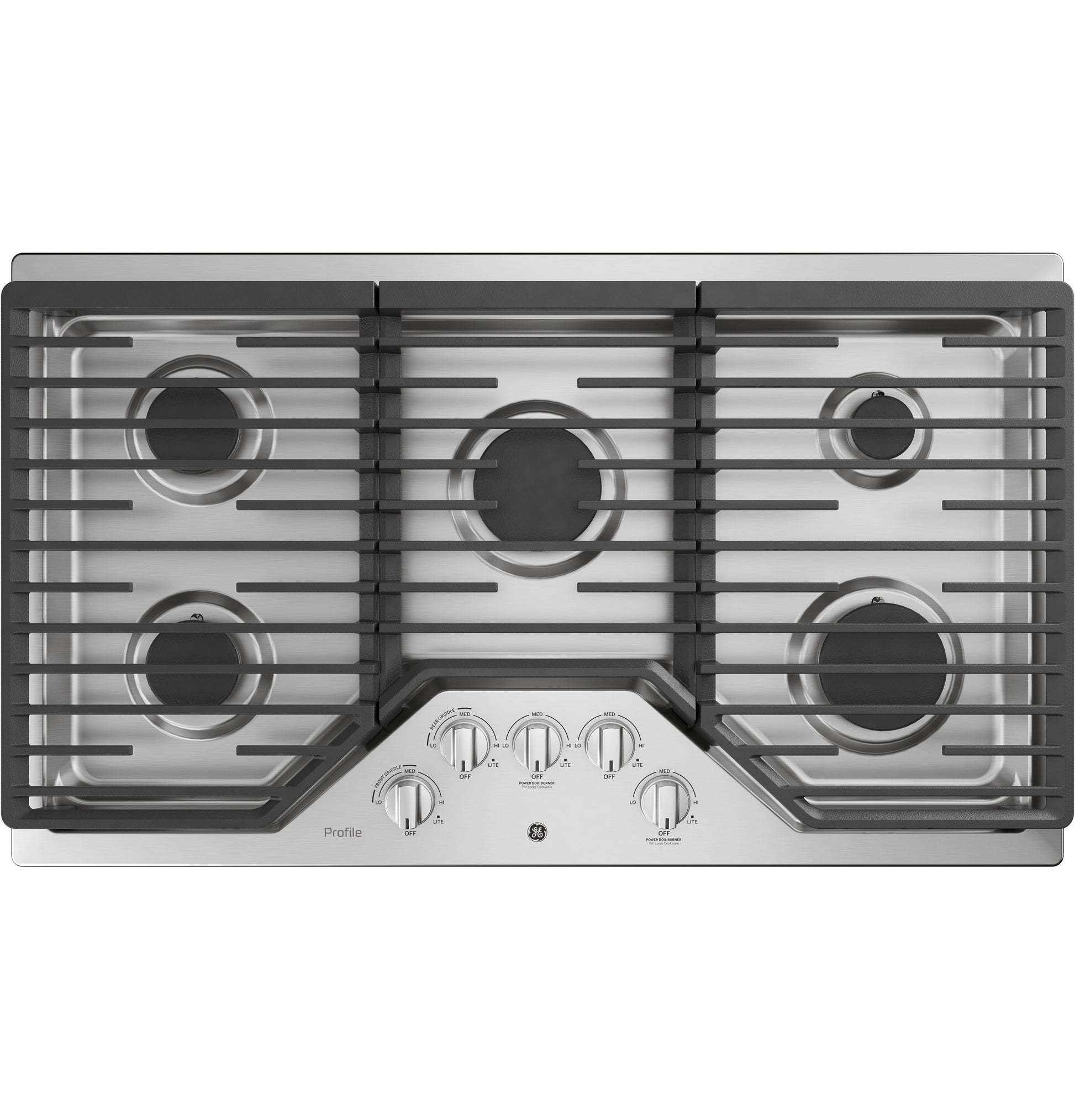 Top view of stainless steel built-in gas cooktop with five burners and front control knobs from kitchen appliances collection