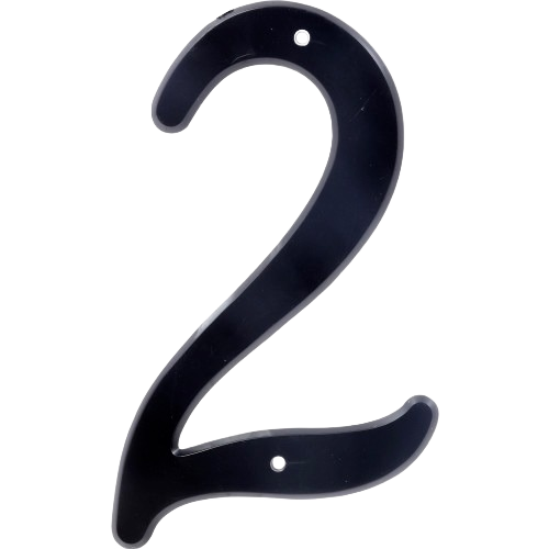 Black plastic number 2 with nail holes for mounting, suitable for home improvement and address display tasks