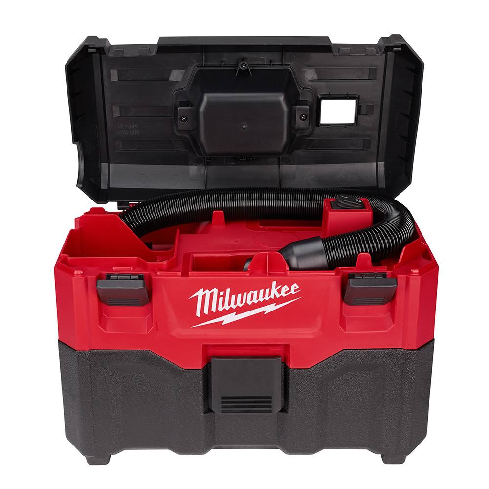 Red and black 2-gallon wet/dry vacuum with open lid and hose for portable home improvement cleanup tasks