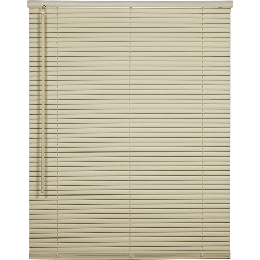 Ivory vinyl cordless mini blind with horizontal slats for window coverage in home improvement projects