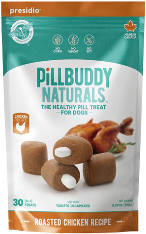 Resealable bag of Presidio chicken-flavored soft dog treats for pill administration, pet supplies collection