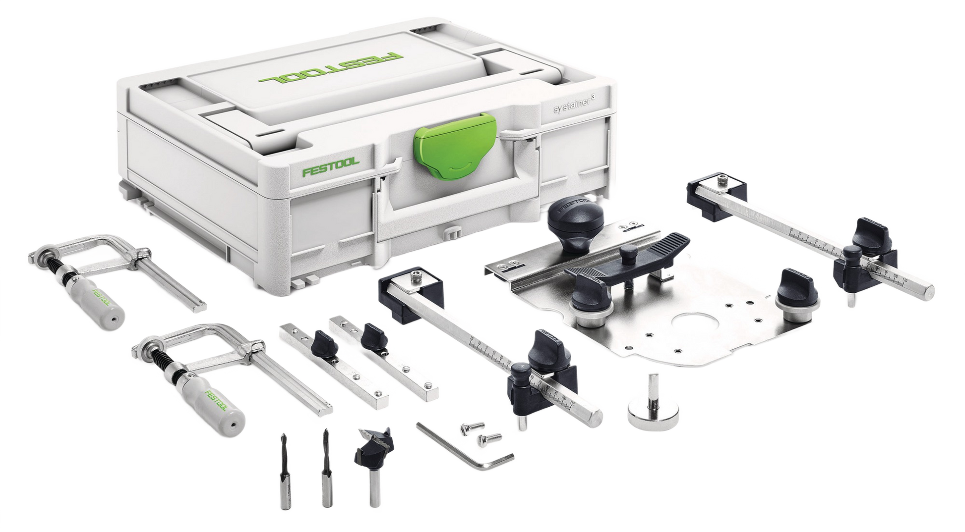 Festool hole drilling set components neatly arranged next to a white and green tool storage case for woodworking projects