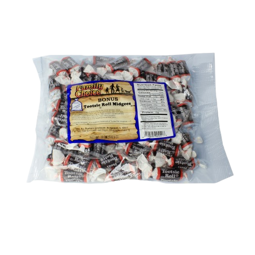 Clear plastic bag filled with individually wrapped family choice tootsie roll candies totaling 18 ounces