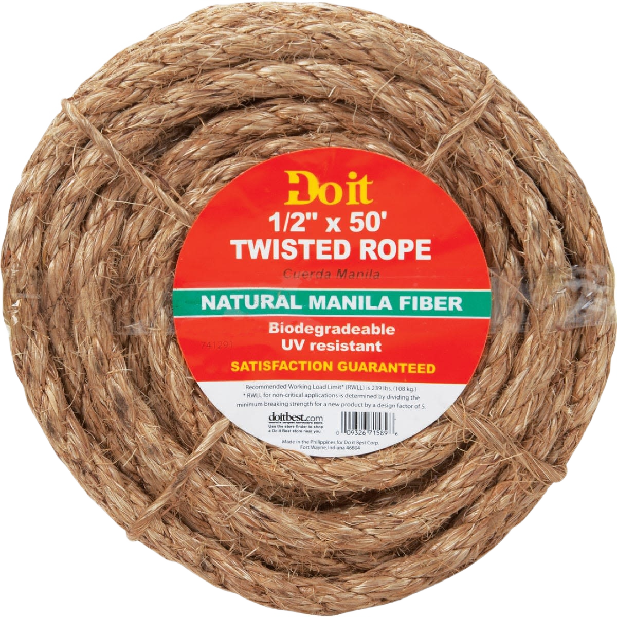 Coiled natural manila fiber rope 1/2 inch thick and 50 feet long for home improvement and tools use