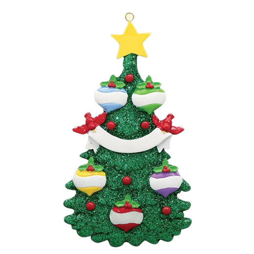 Green glitter Christmas tree ornament with five colorful baubles and a yellow star, holiday decor under $50 collection