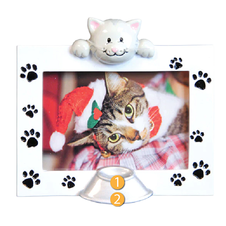 White photo frame ornament with black paw prints and cat figure on top, perfect for Christmas tree decorations and gifts