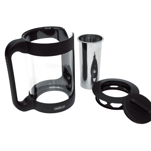 Clear borosilicate glass cold brew maker with black handle, lid, and eco-friendly stainless steel immersion filter