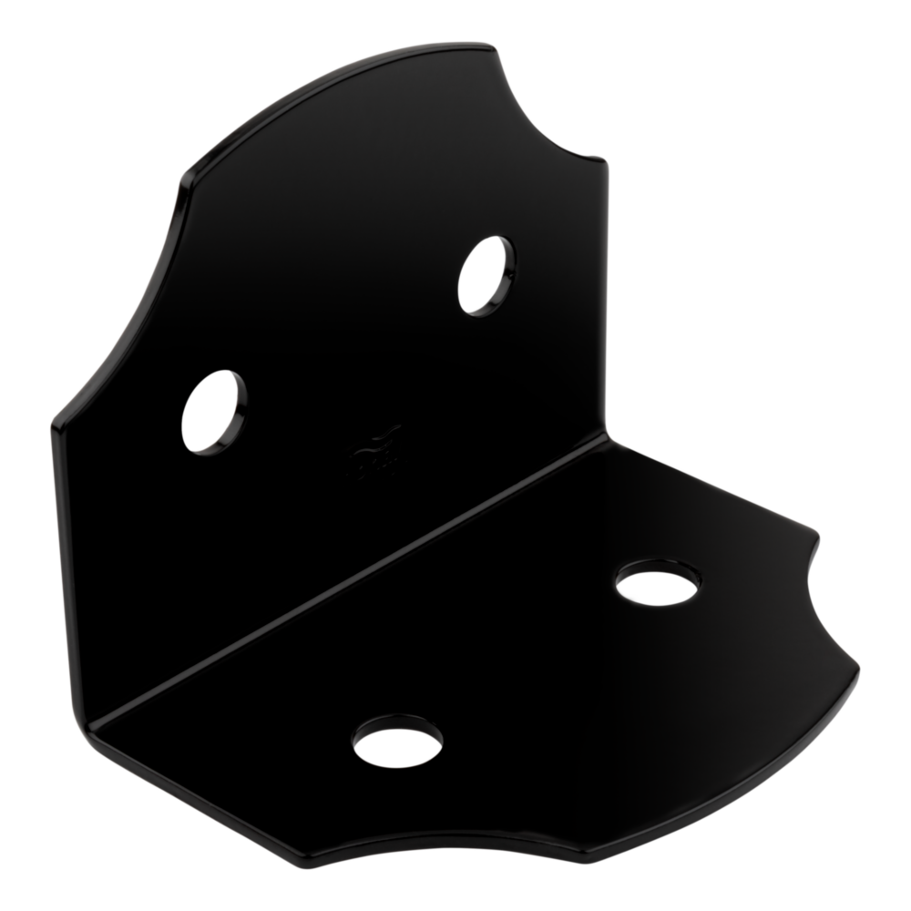 Black powder-coated heavy-duty corner angle bracket with pre-drilled holes for building hardware and home improvement projects