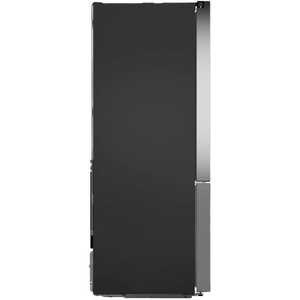 Side view of a sleek stainless steel French door bottom mount refrigerator in Bosch kitchen appliances collection