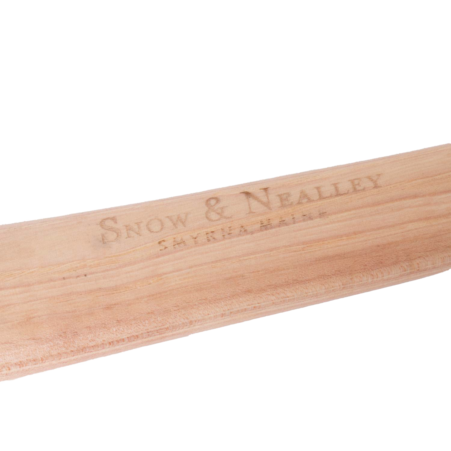 Wooden handle engraved with Snow & Nealley logo for outdoor hand tools, striking tools, and gardening tool accessories collections