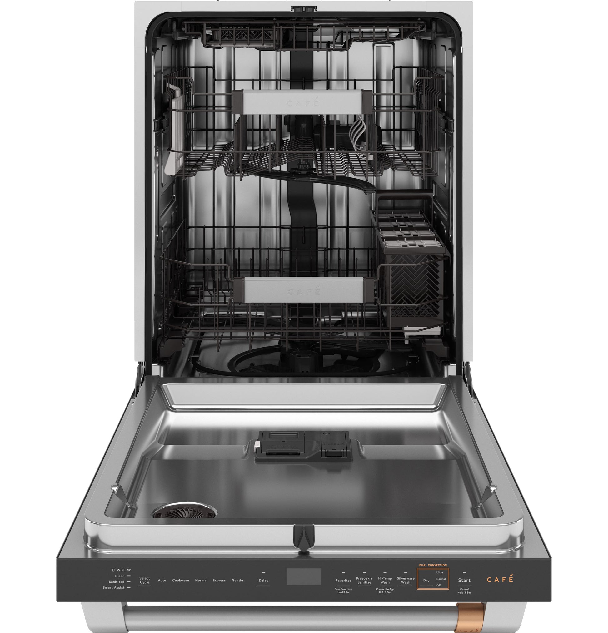 Open stainless steel dishwasher interior with two racks, utensil basket, and LED-lit control panel in built-in dishwashers collection