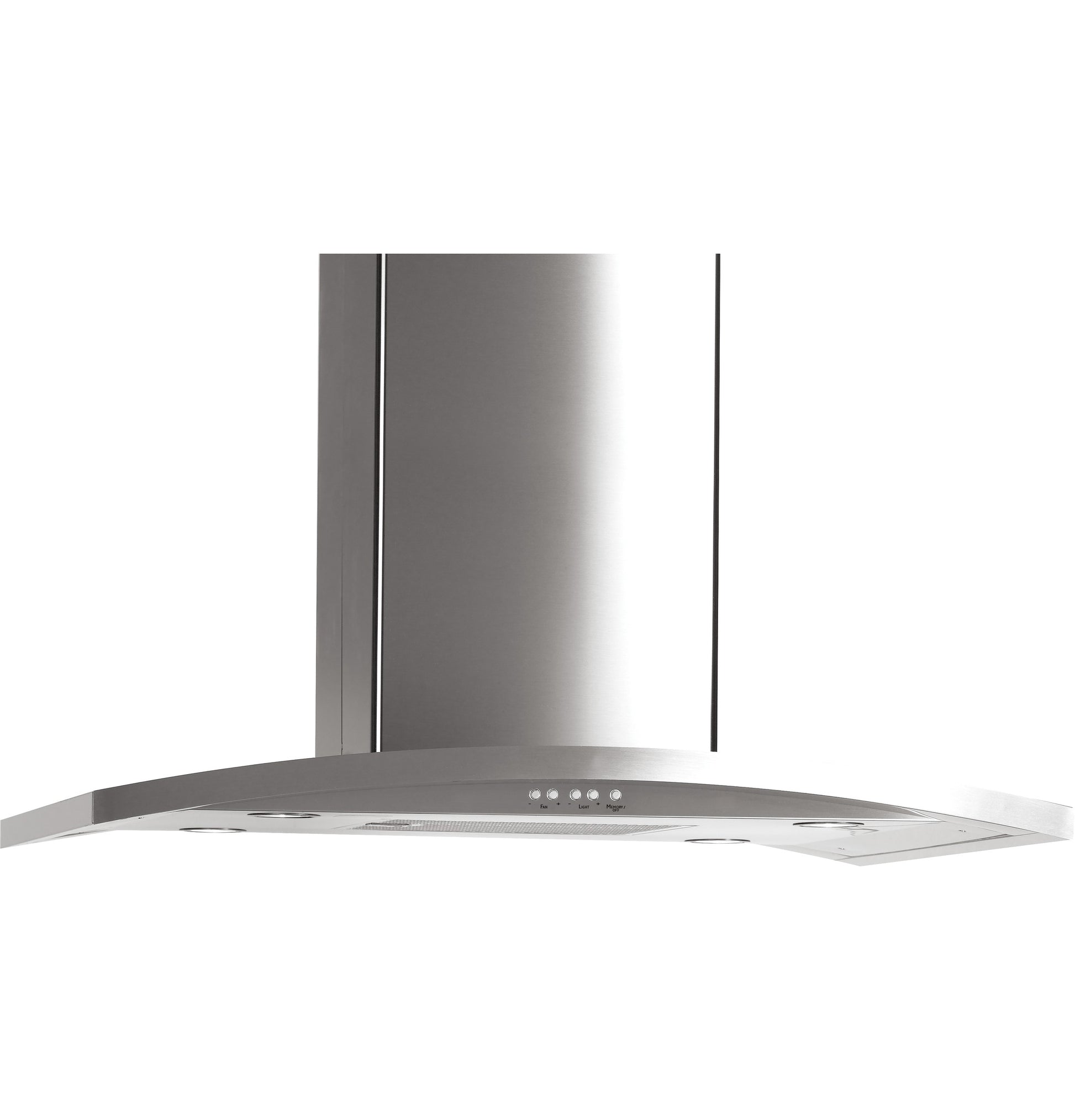 Stainless steel curved island-mount chimney hood with push button controls for modern kitchen appliance collection.