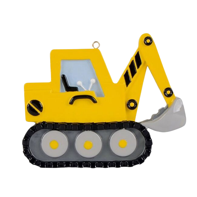 Yellow excavator ornament with detailed arm and bucket for Christmas tree decorations under $50 in Home Improvement tools style