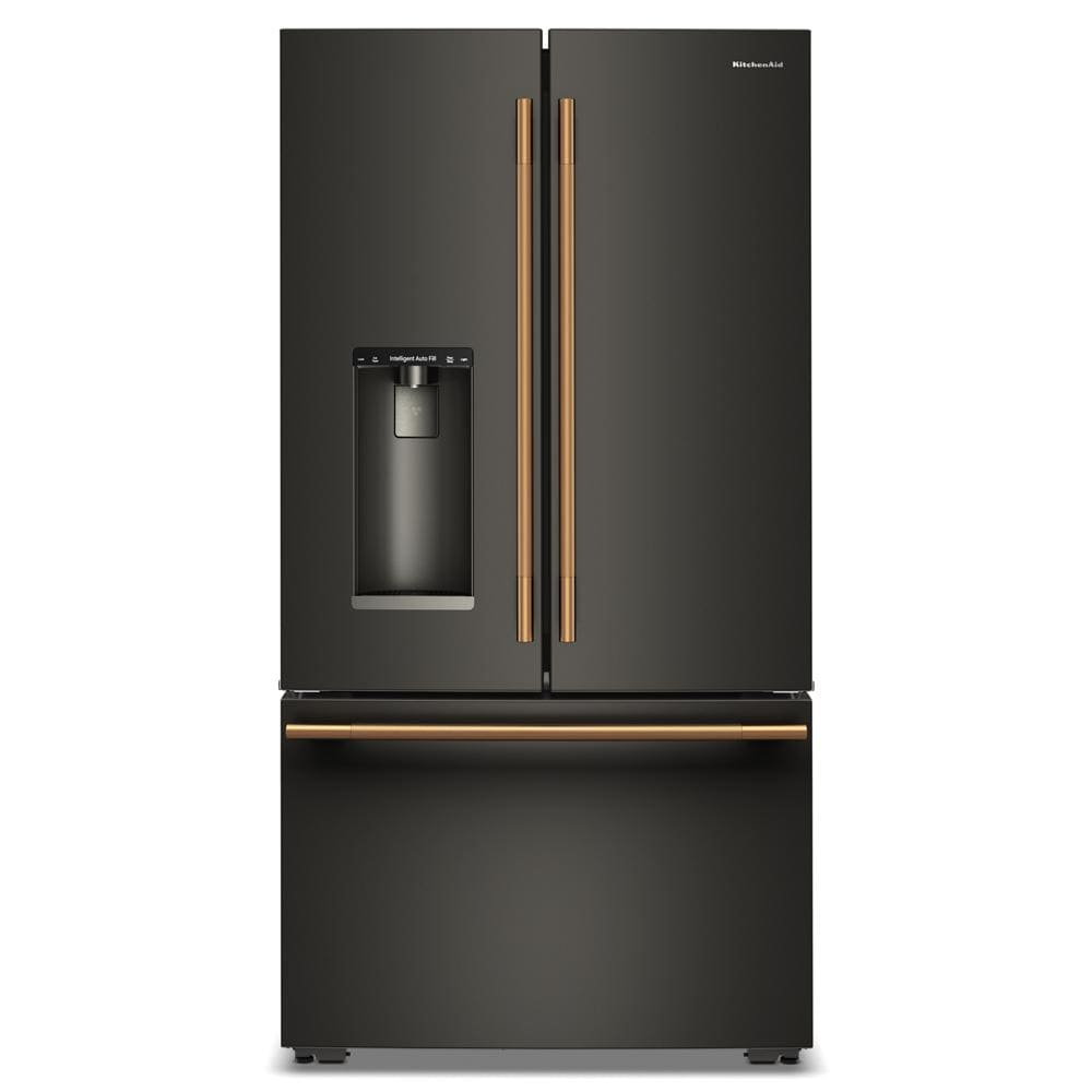 Front view of a black counter-depth French door refrigerator with copper handles and built-in water dispenser, part of KitchenAid Refrigerators, French Door Refrigerators, Kitchen & Kitchenware, All Products, and Appliances collections for Home Improvement.