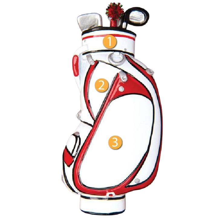 Red and white golf bag ornament decorated with holiday garland, festive Christmas tree decoration under fifty dollars