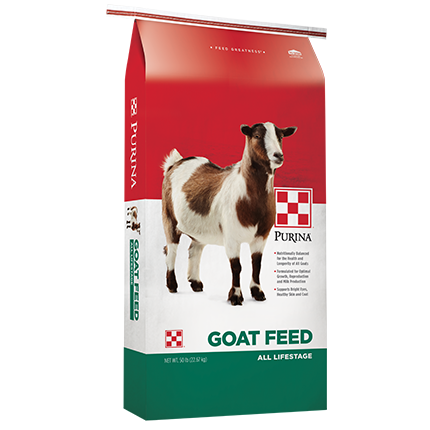 Red and green Purina goat feed bag featuring a brown and white goat for livestock supplies and animal care collections