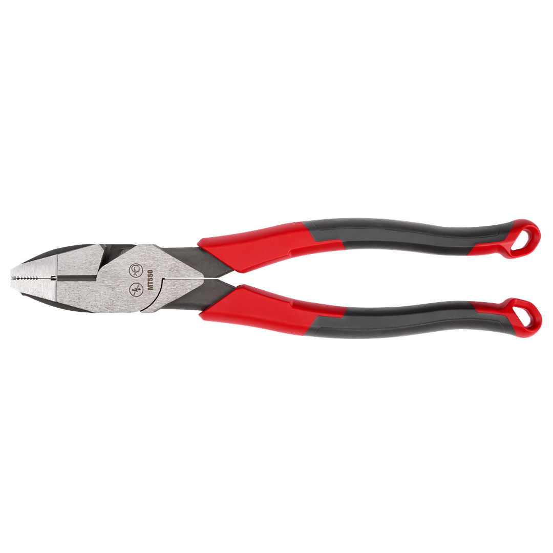 Red and black comfort grip lineman’s pliers designed for home improvement and tools tasks