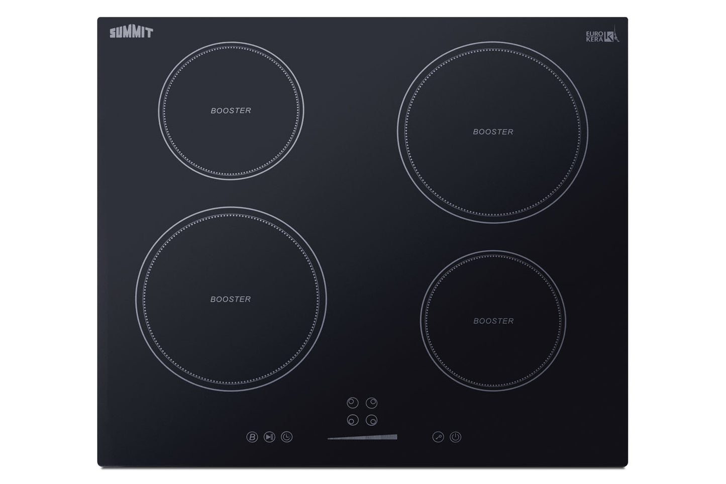 Black glass 24-inch 4-zone induction cooktop with touch controls in kitchen appliance collections