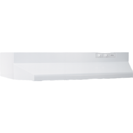 White under-cabinet range hood with control buttons for kitchen ventilation and home improvement collections