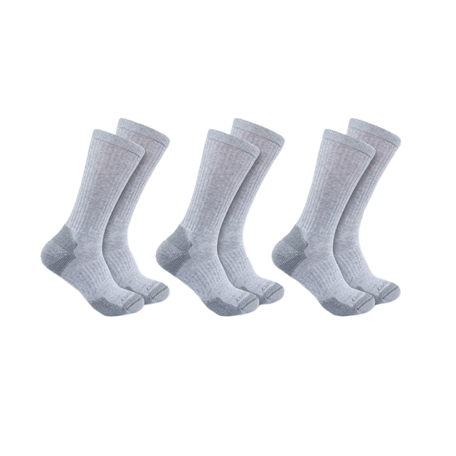 Three pairs of gray midweight cotton blend crew socks with reinforced heels and toes for men's clothing and accessories collections
