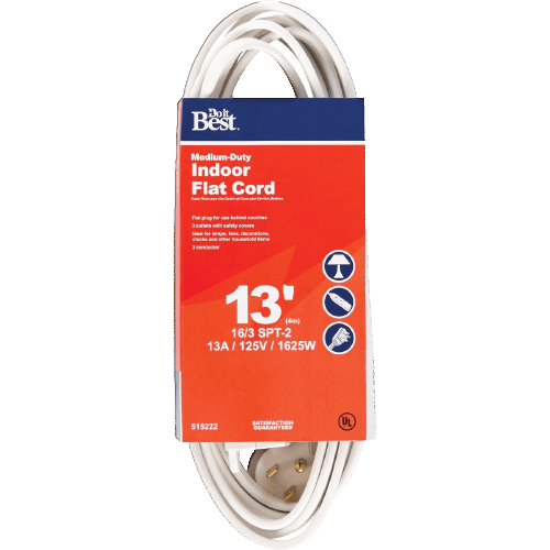 White medium-duty flat extension cord for indoor use with three-prong plug and 13-foot length for home improvement tasks