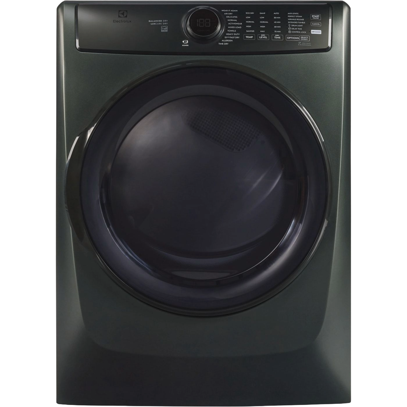 Front load dark gray electric dryer with digital controls and large door in dryers and appliances collection