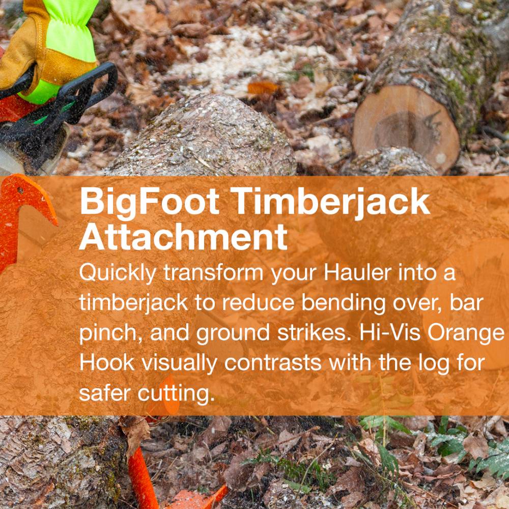 Hi-vis orange hook timberjack attachment used outdoors to reduce bending and improve safety during log handling tasks