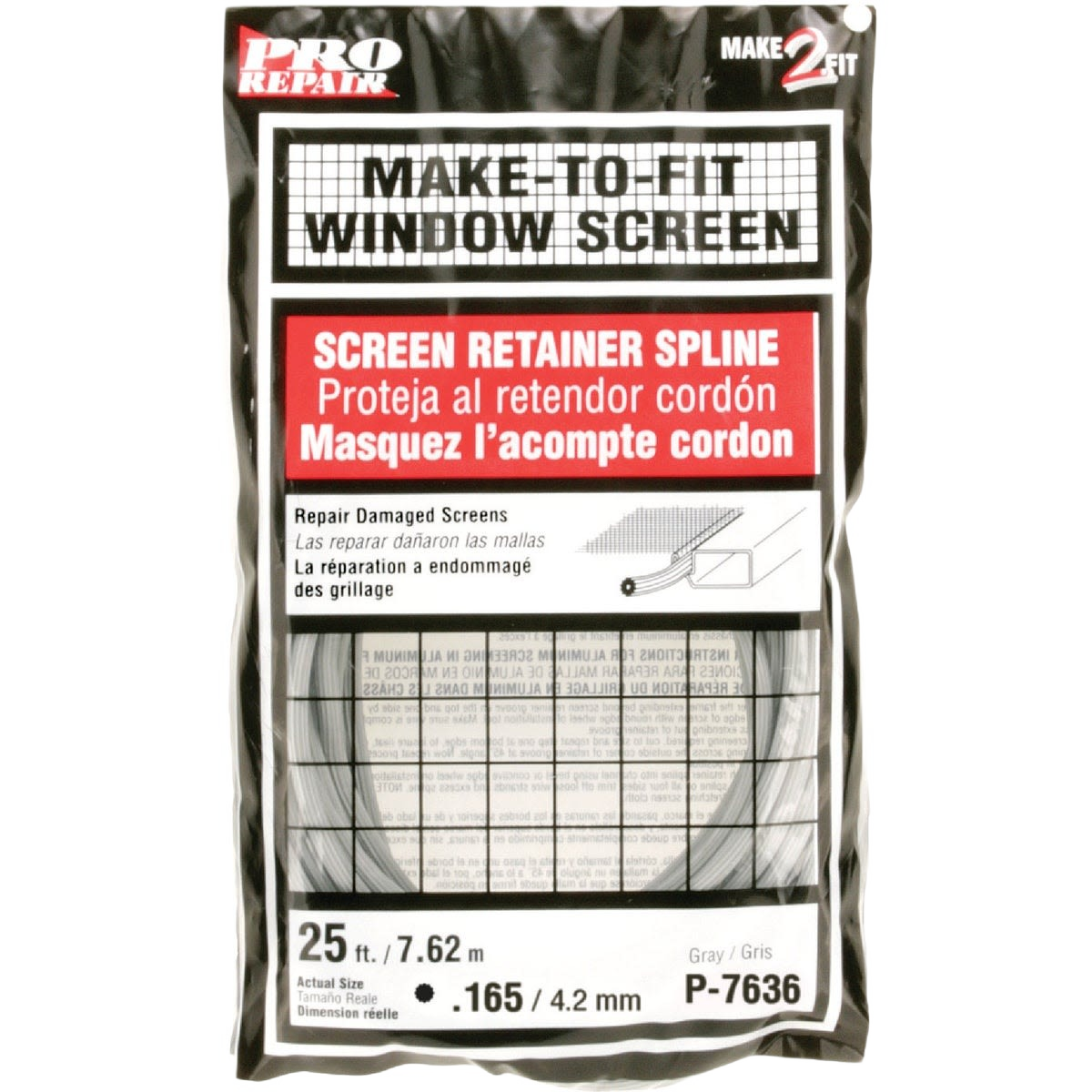 Clear plastic packaging with instructions for a vinyl screen retainer spline for home improvement use
