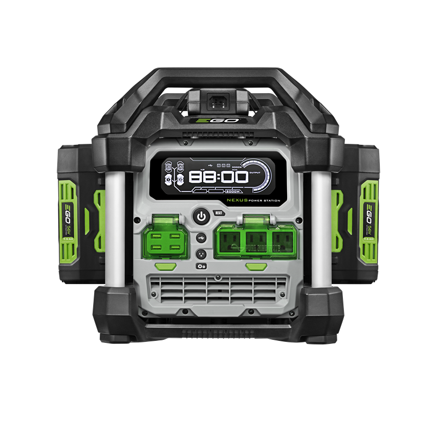 Black and green compact portable power station with digital display and dual 7.5Ah batteries for tool and home improvement use