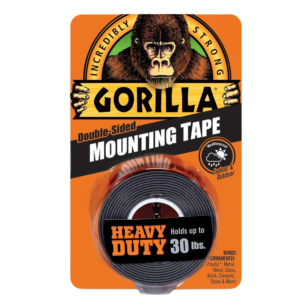 Black double-sided mounting tape roll in orange and black Gorilla branded packaging for tools and home improvement use