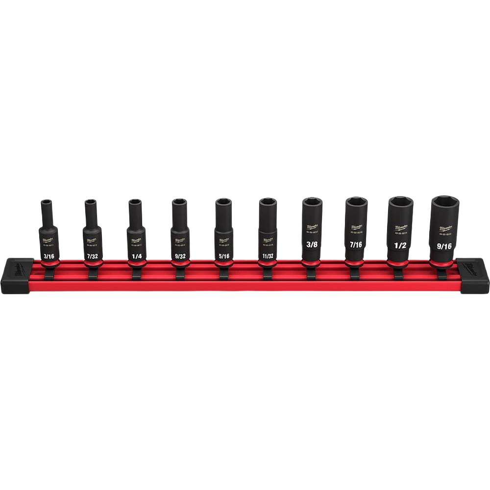 Set of black SAE deep 6-point impact sockets on red rail for hand tools and woodworking applications