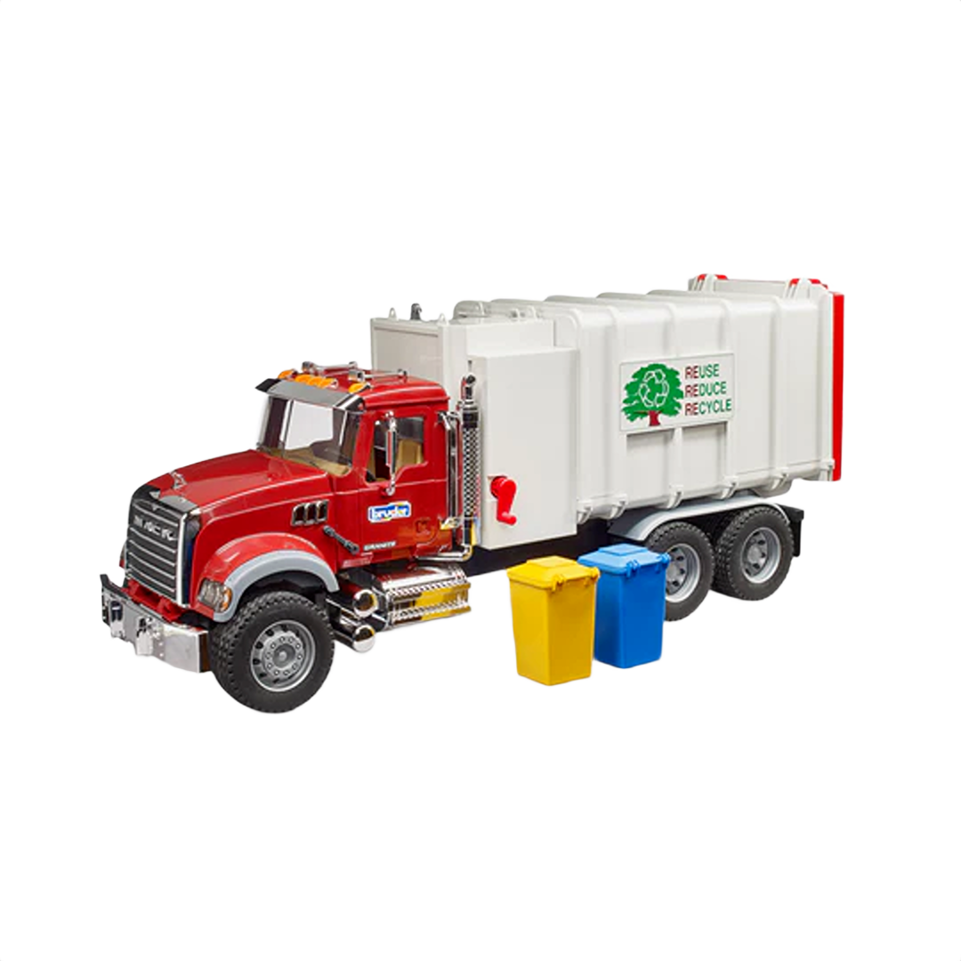 Red and white side loading garbage truck toy with yellow and blue recycling bins and reuse reduce recycle logo