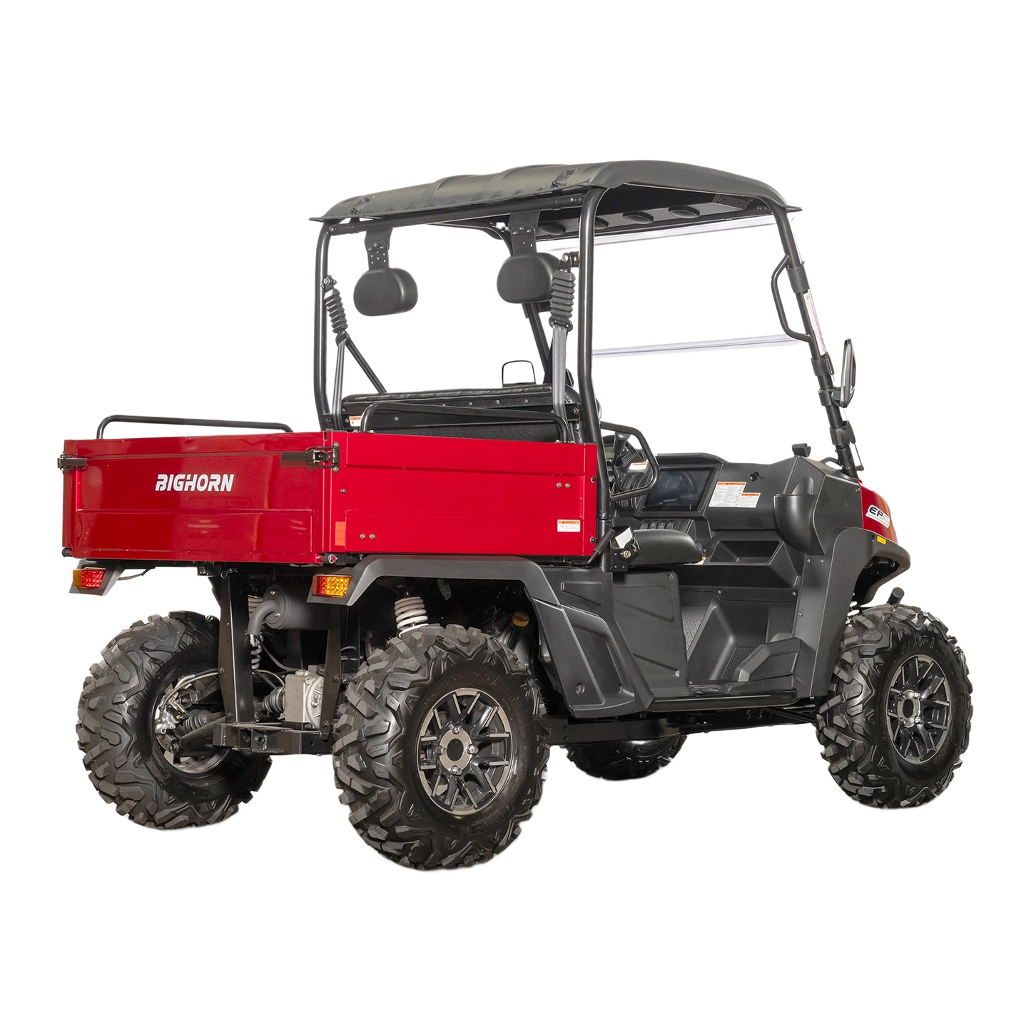 Red utility UTV with cargo bed, protective roof, and rugged off-road tires designed for tools and home improvement tasks