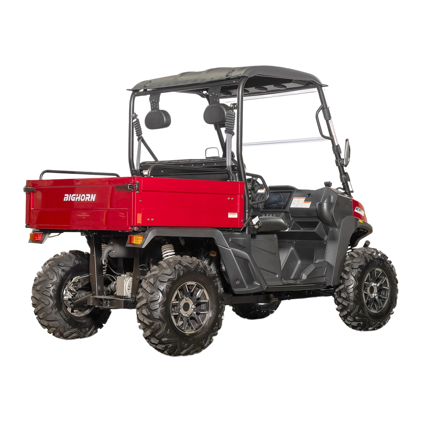 Red utility UTV with cargo bed, protective roof, and rugged off-road tires designed for tools and home improvement tasks