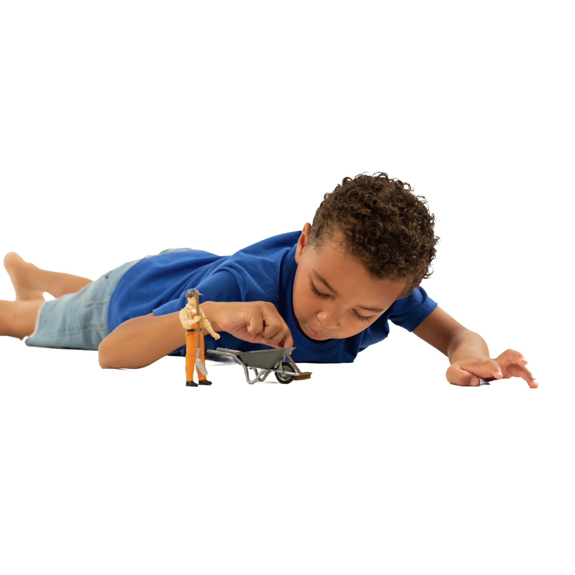 Young boy in blue shirt playing with Bruder orange-clad municipal worker figure and miniature wheelbarrow toy under $50 collection