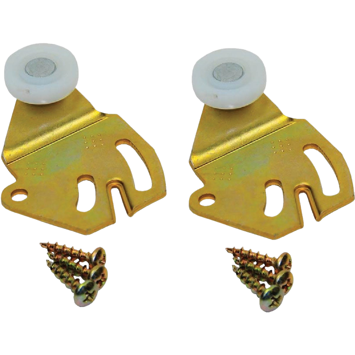 Two brass-finished offset door hangers with white wheels and matching gold screws for door hardware collections