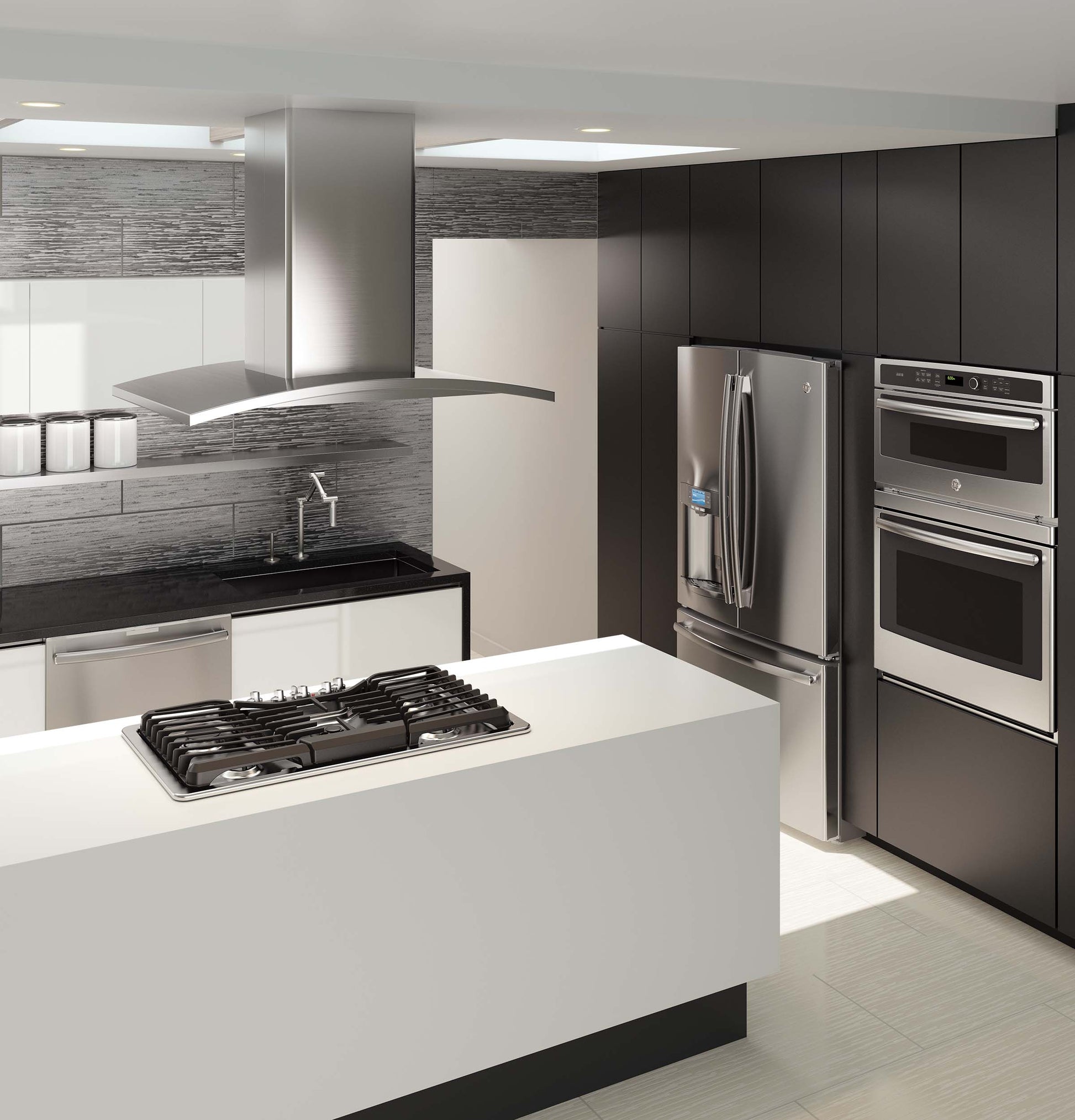 Modern kitchen featuring stainless steel island chimney hood above gas cooktop and built-in stainless appliances in dark cabinetry