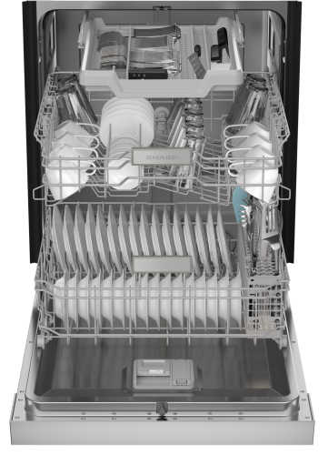 Open stainless steel dishwasher with organized racks holding plates, glasses, and utensils from dishwashers collection