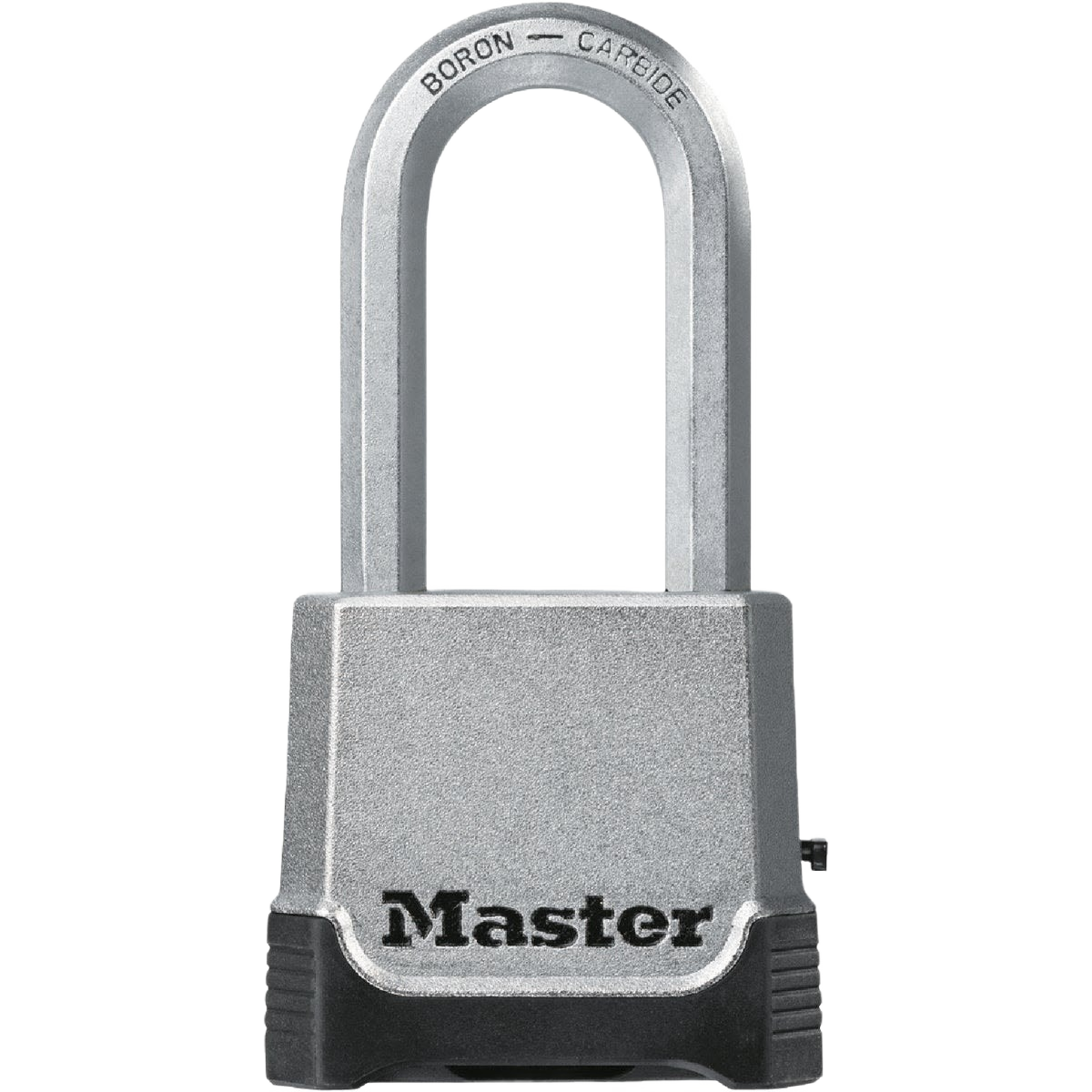 Heavy-duty silver padlock with long shackle and black base for secure locking in tools and home improvement tasks