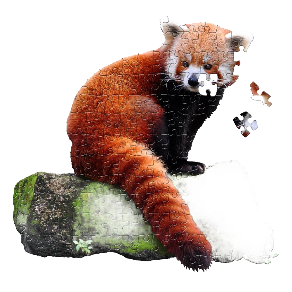 Partial shaped jigsaw puzzle featuring a red panda resting on a mossy log, for toys and puzzles under $50 collections