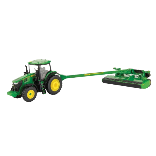 Green and yellow scale model of a tractor with an attached mower for home improvement or hobby display