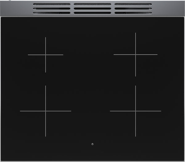Top view of a frameless edge-to-edge glass induction cooktop with four burner zones and stainless steel trim